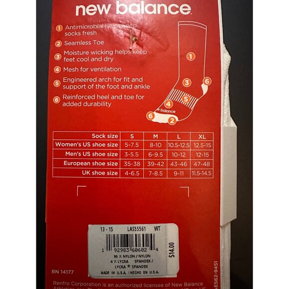 New Balance Run Foundation Flat Knit Crew - White - Running Socks SIZE XL - Picture 2 of 2